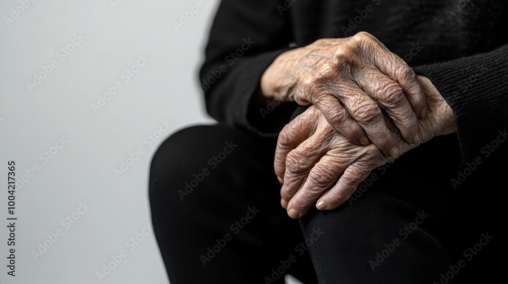 Fototapeta premium A close-up view of elderly hands resting on a knee, conveying age, wisdom, and serenity with a neutral background.