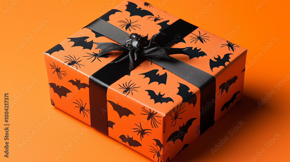 Halloween gift box with eerie black bats and spiders, placed on a vibrant orange background, perfect for spooky celebrations and festive Thanksgiving