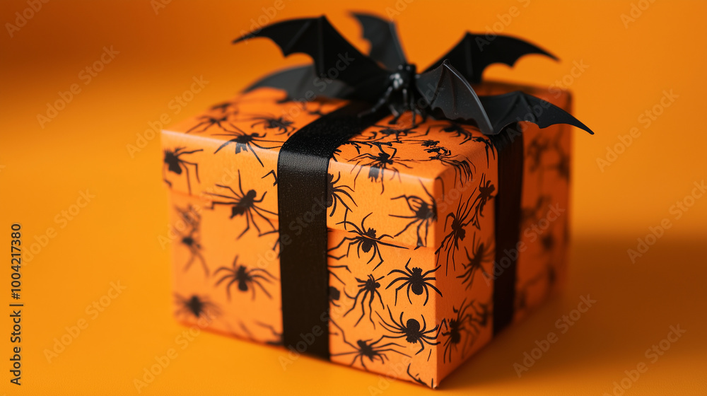 Halloween gift box with eerie black bats and spiders, placed on a vibrant orange background, perfect for spooky celebrations and festive Thanksgiving