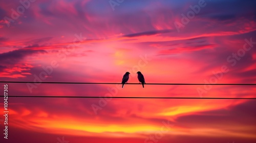 A pair of birds perched on a telephone wire against a dramatic sunset sky.