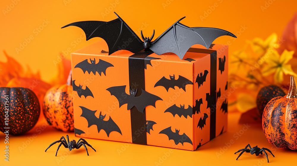 Halloween gift box with eerie black bats and spiders, placed on a vibrant orange background, perfect for spooky celebrations and festive Thanksgiving