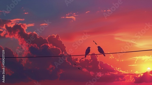 A pair of birds perched on a telephone wire against a dramatic sunset sky.