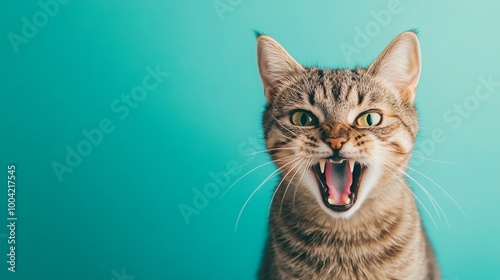 A close-up of a tabby cat showing its teeth against a teal background, expressing a fierce attitude with bright green eyes.