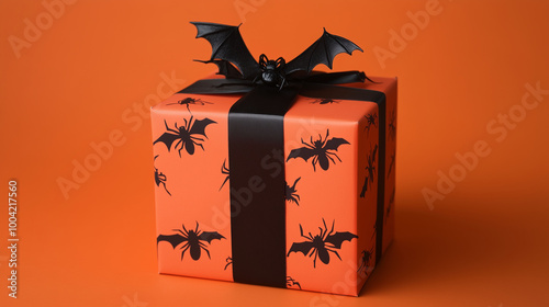 Obraz na płótnie Halloween gift box with eerie black bats and spiders, placed on a vibrant orange background, perfect for spooky celebrations and festive Thanksgiving w salonie