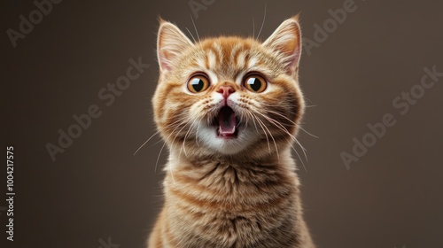 A cute, surprised cat with wide eyes and an open mouth, set against a soft background, exuding charm and playfulness. photo