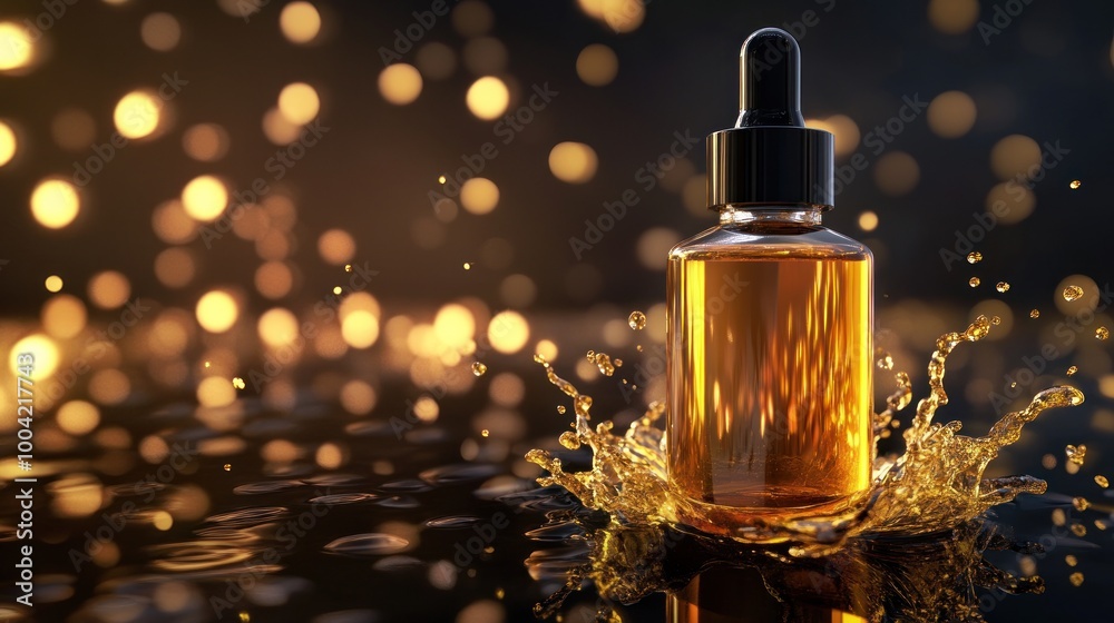 An elegant dropper bottle filled with golden serum splashes in water, creating a captivating scene of luxury and skincare. An elegant dropper bottle filled with golden serum splashes in water, creating a captivating scene of luxury and skincare.
