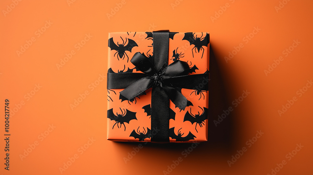 Halloween gift box with black bats and spiders arranged neatly on an orange background, perfect for spooky celebrations