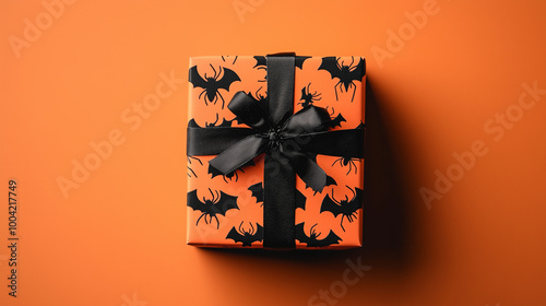 Obraz na płótnie Halloween gift box with black bats and spiders arranged neatly on an orange background, perfect for spooky celebrations w salonie