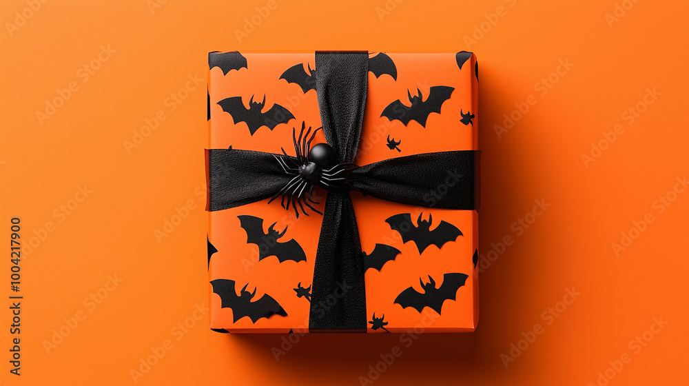 Halloween gift box with black bats and spiders arranged neatly on an orange background, perfect for spooky celebrations