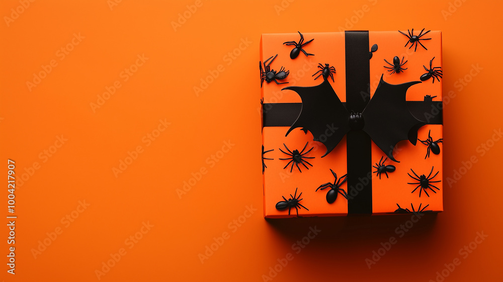 Halloween gift box with black bats and spiders arranged neatly on an orange background, perfect for spooky celebrations