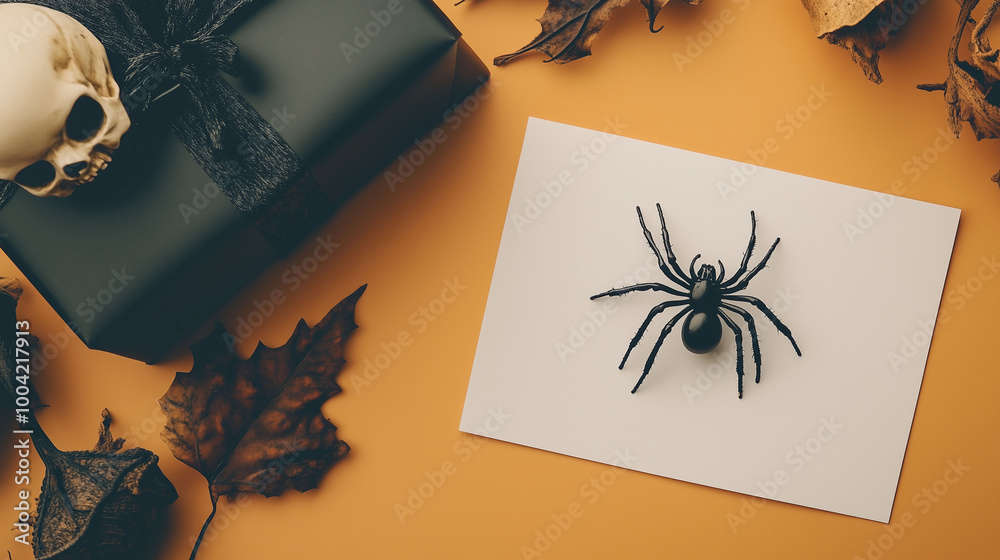 Halloween card concept featuring a spider, a gift box wrapped in dark paper, and a skull as decorative elements, arranged around a blank greeting card on a light orange background