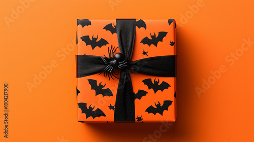Obraz na płótnie Halloween gift box with black bats and spiders arranged neatly on an orange background, perfect for spooky celebrations w salonie