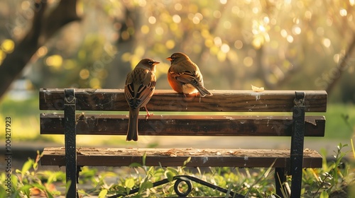 A pair of birds sitting on a wooden bench in a peaceful park.