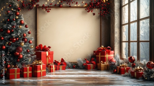 New year card, In the room have realistic christmas tree behide the red gift box, the wooden wall in the room include a spacious area suitable for overlaying text.
