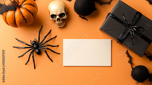 Obraz na płótnie Halloween card concept featuring a spider, a gift box wrapped in dark paper, and a skull as decorative elements, arranged around a blank greeting card on a light orange background w salonie