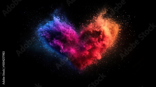 A vibrant heart shape created from colorful powder in shades of blue, pink, and orange, set against a black background.