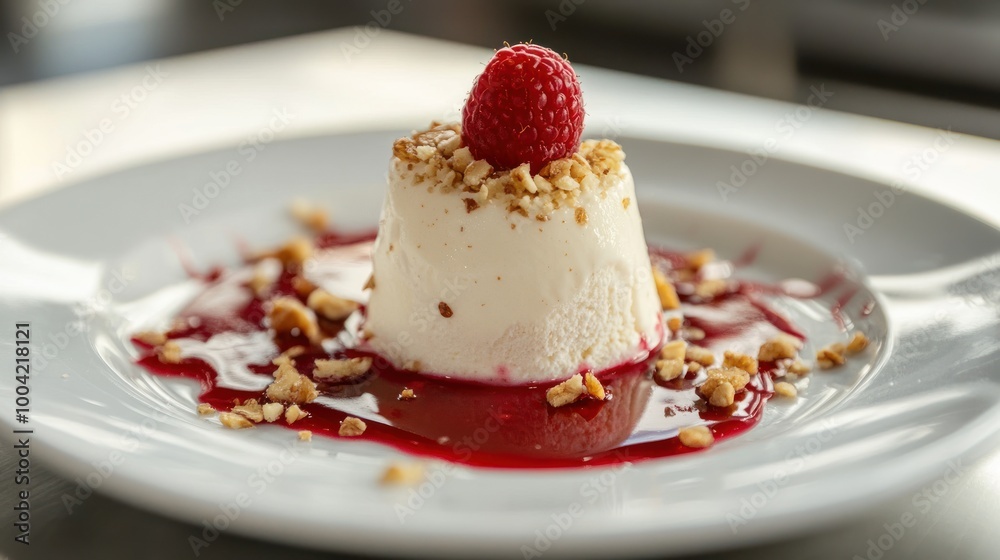 Sweet Indulgence: White Cream Dessert with Raspberry and Nuts Sweet Indulgence: White Cream Dessert with Raspberry and Nuts