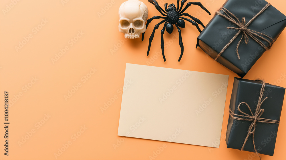 Halloween card concept featuring a spider, a gift box wrapped in dark paper, and a skull as decorative elements, arranged around a blank greeting card on a light orange background