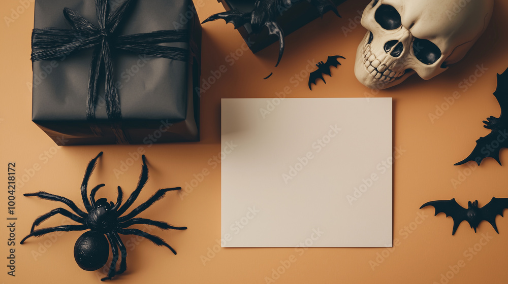 Halloween card concept featuring a spider, a gift box wrapped in dark paper, and a skull as decorative elements, arranged around a blank greeting card on a light orange background