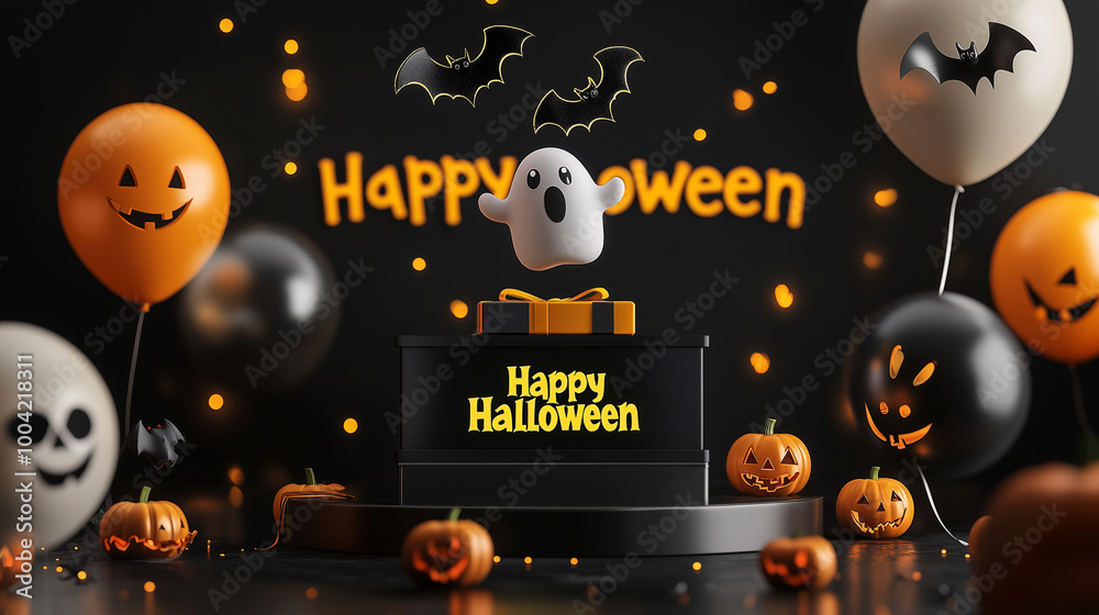 Floating ghost and bat balloons above a black podium, a Halloween gift box with deep yellow ribbon, and a glowing Happy Halloween banner in the background
