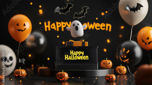 Obraz na płótnie Floating ghost and bat balloons above a black podium, a Halloween gift box with deep yellow ribbon, and a glowing Happy Halloween banner in the background w salonie