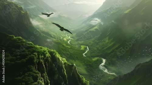 A pair of birds soaring above a lush green valley with a winding river below.