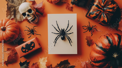 Obraz na płótnie Flat lay of a Halloween-themed greeting card with space for text, surrounded by a spider, skull, and a small gift box, isolated on a soft orange background w salonie