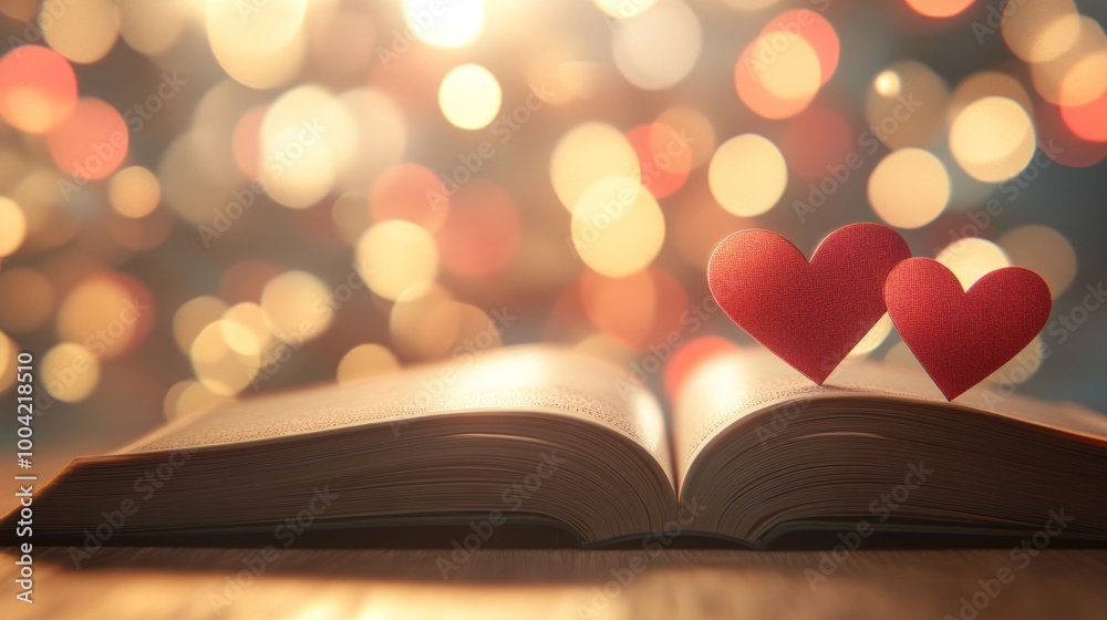 An open book with two red hearts resting on its pages, creating a romantic and dreamy atmosphere. An open book with two red hearts resting on its pages, creating a romantic and dreamy atmosphere.