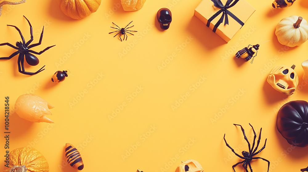 Creative Halloween greeting card copy space framed by spooky elements like a spider, a skull, and a small gift box, set against a light orange background