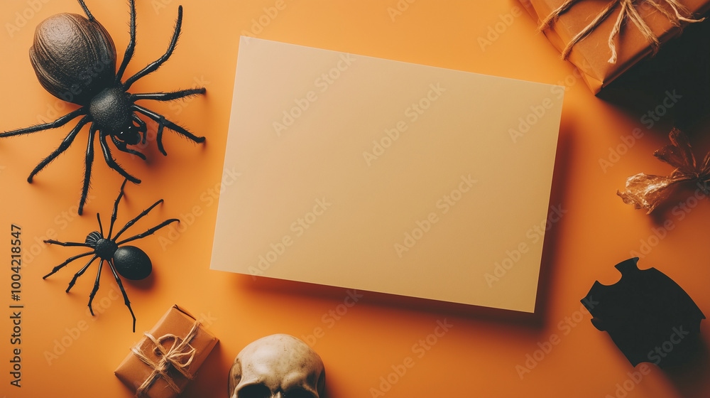 Flat lay of a Halloween-themed greeting card with space for text, surrounded by a spider, skull, and a small gift box, isolated on a soft orange background