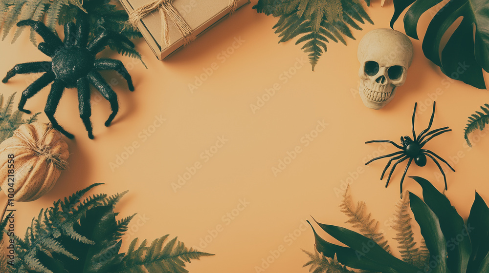 Creative Halloween greeting card copy space framed by spooky elements like a spider, a skull, and a small gift box, set against a light orange background