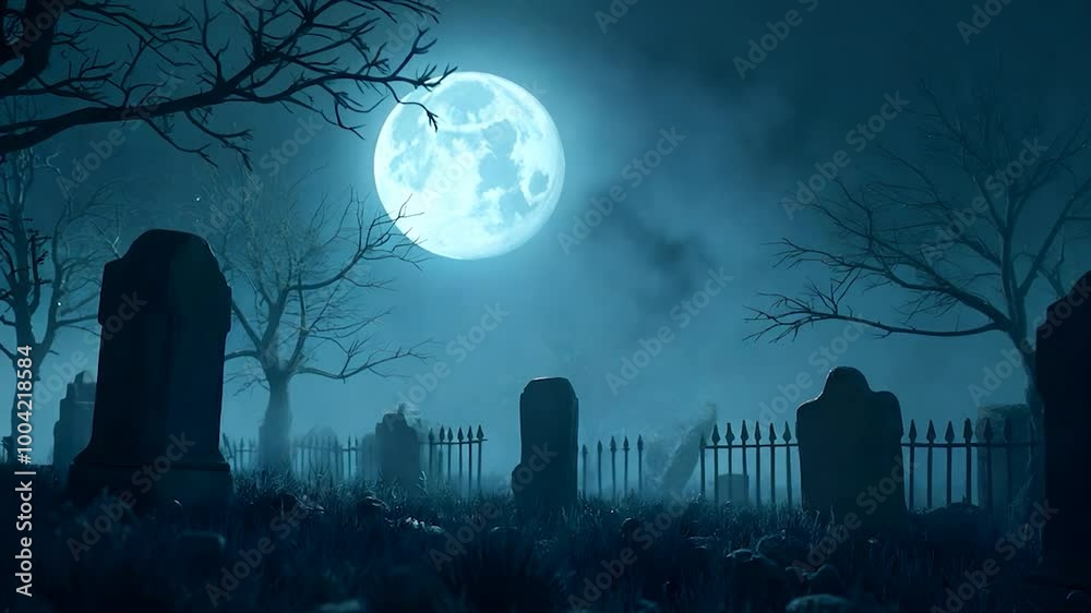 Eerie Graveyard with Full Moon and Fog on a Dark Night Eerie Graveyard with Full Moon and Fog on a Dark Night