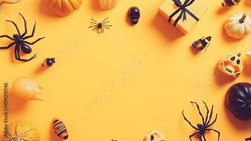 Obraz na płótnie Creative Halloween greeting card copy space framed by spooky elements like a spider, a skull, and a small gift box, set against a light orange background w salonie
