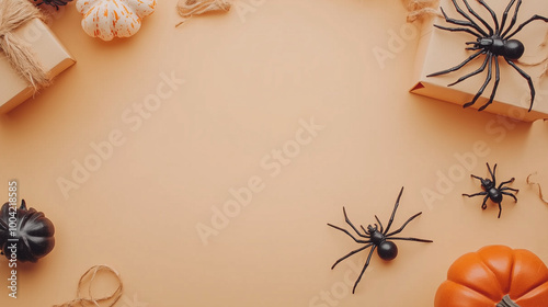 Obraz na płótnie Creative Halloween greeting card copy space framed by spooky elements like a spider, a skull, and a small gift box, set against a light orange background w salonie