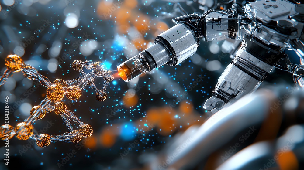 Robotic arm manipulating a molecular structure. Robotic arm manipulating a molecular structure.