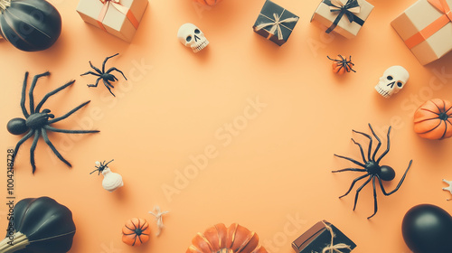 Creative Halloween greeting card copy space framed by spooky elements like a spider, a skull, and a small gift box, set against a light orange background