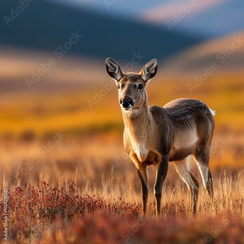 A serene scene of a deer standing gracefully in a vibrant autumn landscape, surrounded by colorful foliage and distant mountains.