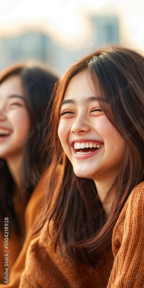Cheerful young woman laughing with friends in cozy sweaters during sunset, capturing joy and friendship in a vibrant setting. Cheerful young woman laughing with friends in cozy sweaters during sunset, capturing joy and friendship in a vibrant setting.