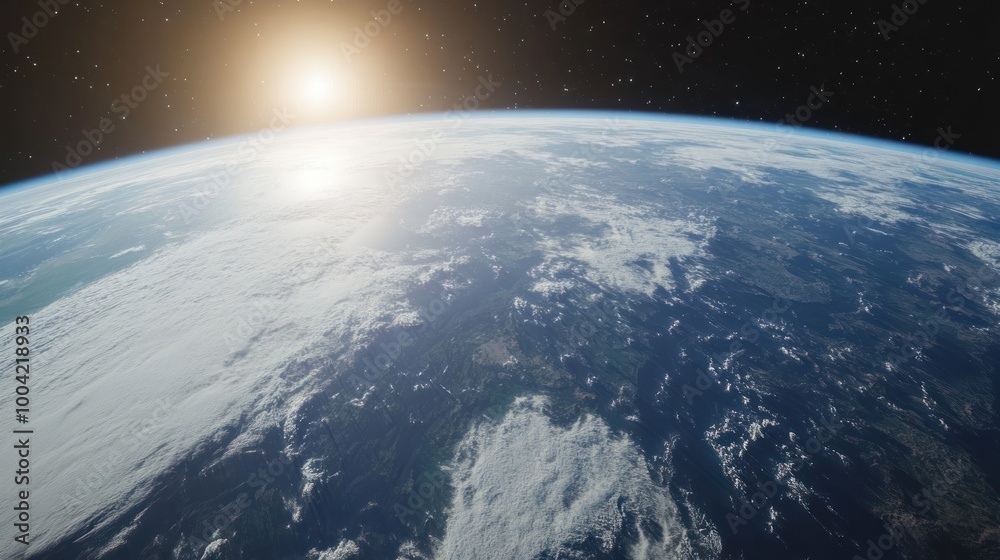 A breathtaking view of Earth from space, showcasing the curve of the planet with clouds and sunlight illuminating the horizon. A breathtaking view of Earth from space, showcasing the curve of the planet with clouds and sunlight illuminating the horizon.