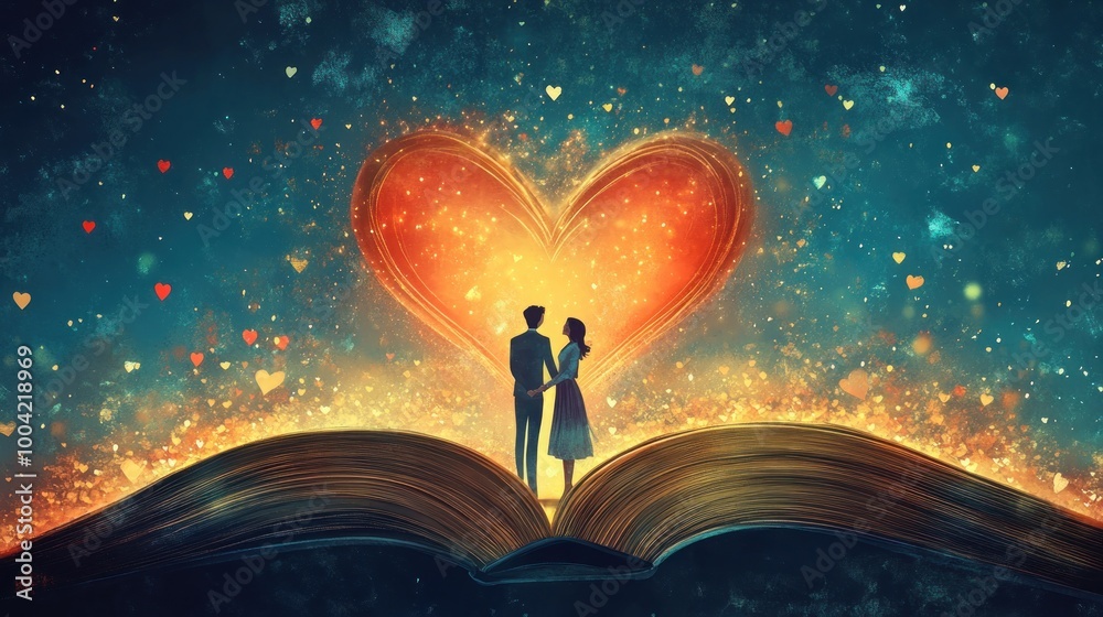 Naklejka premium A silhouette of a couple stands on a giant open book, surrounded by a glowing heart made of sparkles and colorful lights.