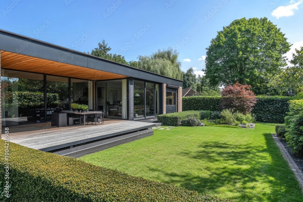 Fototapeta premium Modern house backyard lawn architecture outdoors.