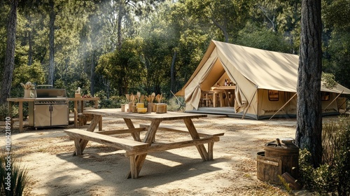 A rustic outdoor campsite featuring a spacious tent, picnic tables, and a serene woodland backdrop.