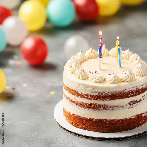 Delicious layered birthday cake with candles, surrounded by colorful balloons, perfect for celebrations and joyful moments. photo