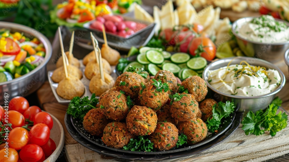 Delectable Middle Eastern Cuisine Spread with Falafel Hummus and Freshly Prepared Dishes on a Wooden Table Delectable Middle Eastern Cuisine Spread with Falafel Hummus and Freshly Prepared Dishes on a Wooden Table