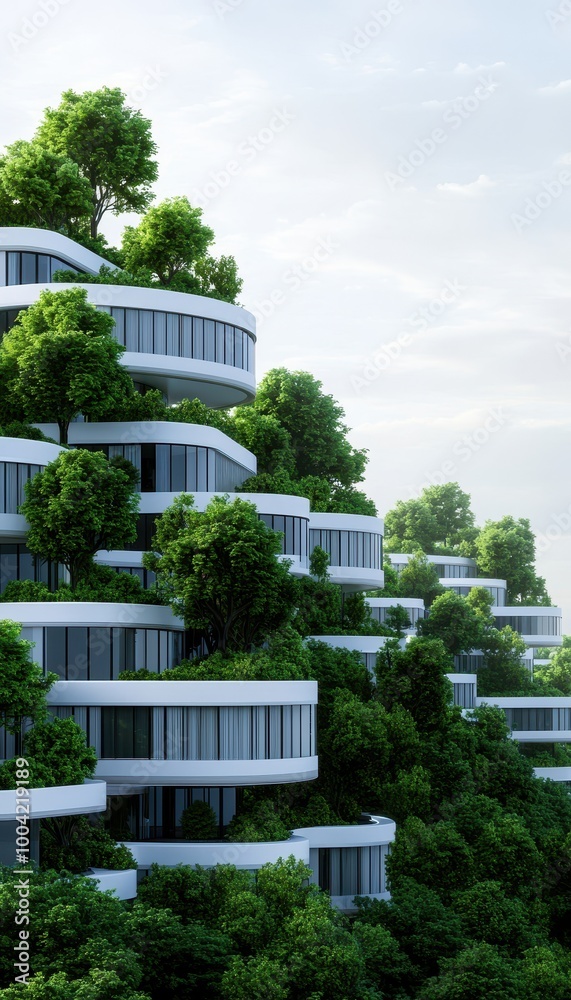 Modern architecture featuring green terraces and lush trees integrated into a hillside, promoting sustainable living and harmony with nature. Modern architecture featuring green terraces and lush trees integrated into a hillside, promoting sustainable living and harmony with nature.