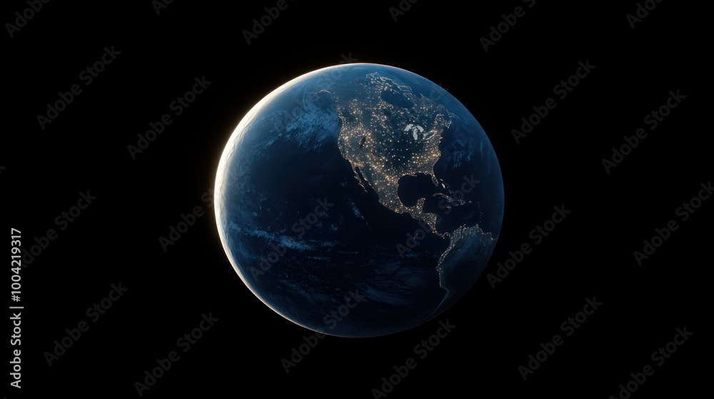 A stunning view of Earth from space, capturing North America illuminated at night against a dark backdrop. A stunning view of Earth from space, capturing North America illuminated at night against a dark backdrop.