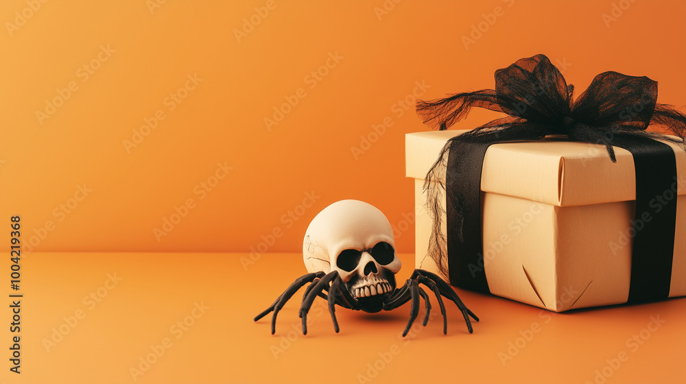A simple Halloween greeting card template with spider, gift box, and skull arranged neatly on a light orange surface, ideal for copy space