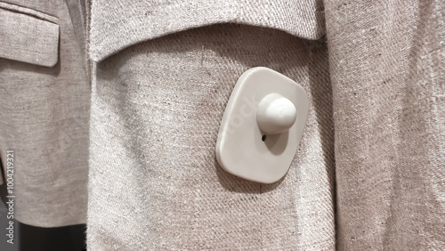 A close-up of a security tag attached to a beige fabric garment in a retail store.

 photo