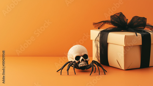 Obraz na płótnie A simple Halloween greeting card template with spider, gift box, and skull arranged neatly on a light orange surface, ideal for copy space w salonie