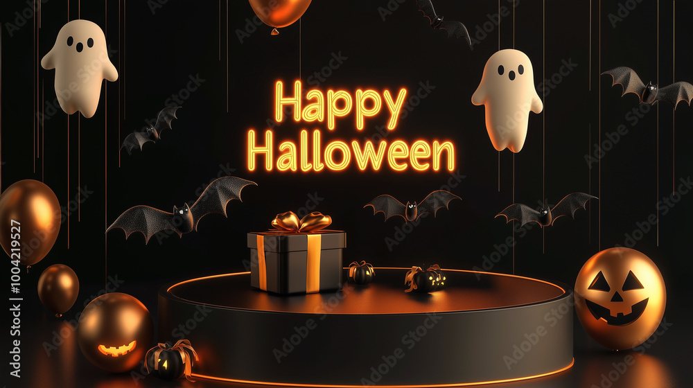 Black round podium with floating ghost and bat balloons, Halloween gift box wrapped in deep yellow ribbon, and a Happy Halloween banner glowing in bold letters